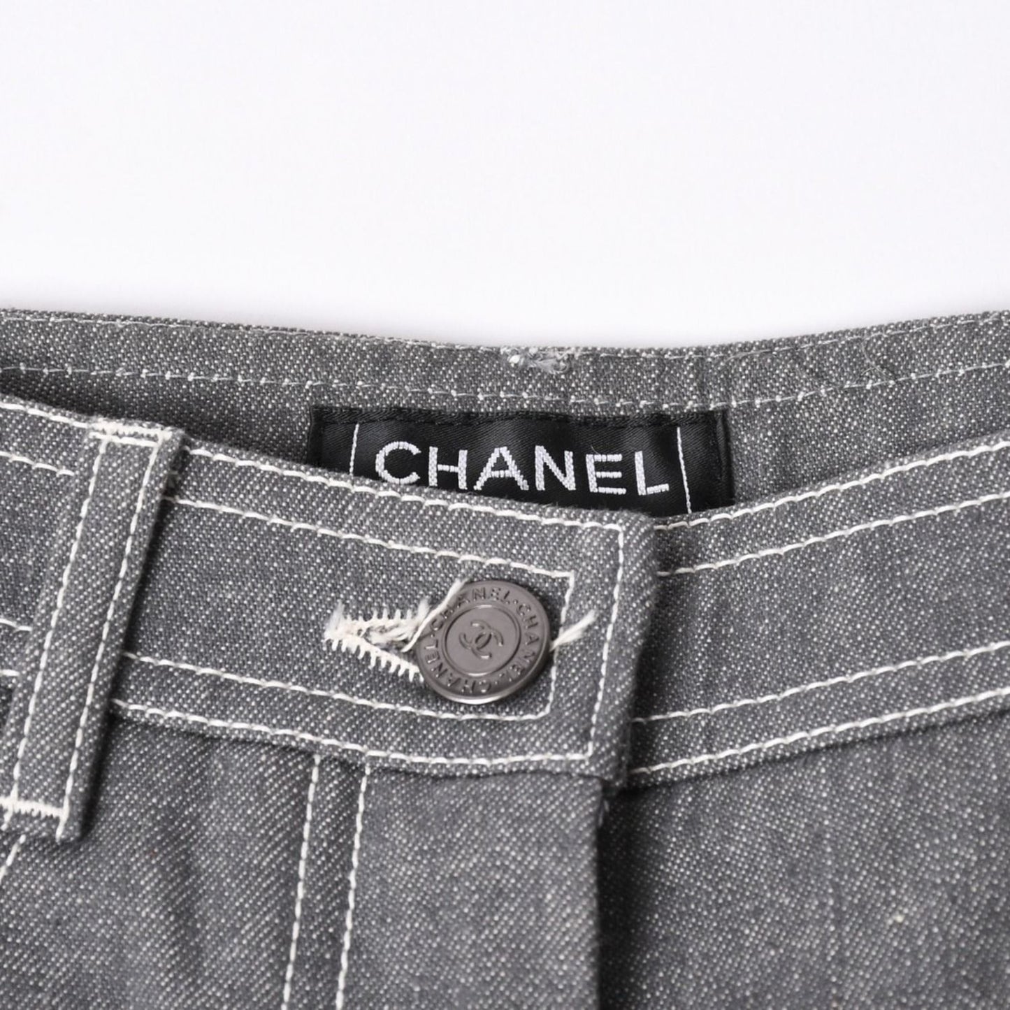 Chanel Flare Bell Denim Pants CC Logo Rhinestone Gray Bootcut White Stitch — view 6