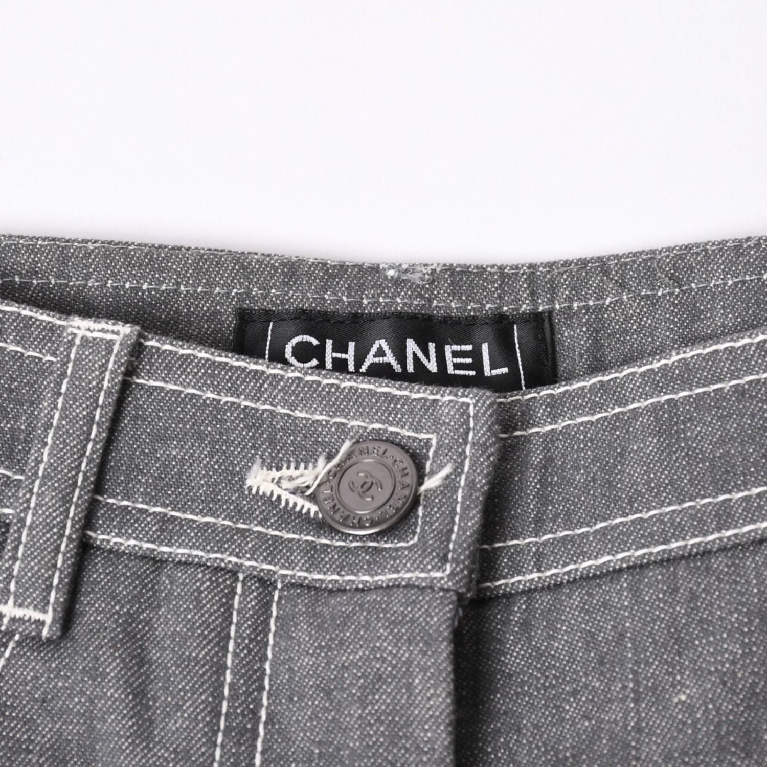 Chanel Flare Bell Denim Pants CC Logo Rhinestone Gray Bootcut White Stitch — view 6