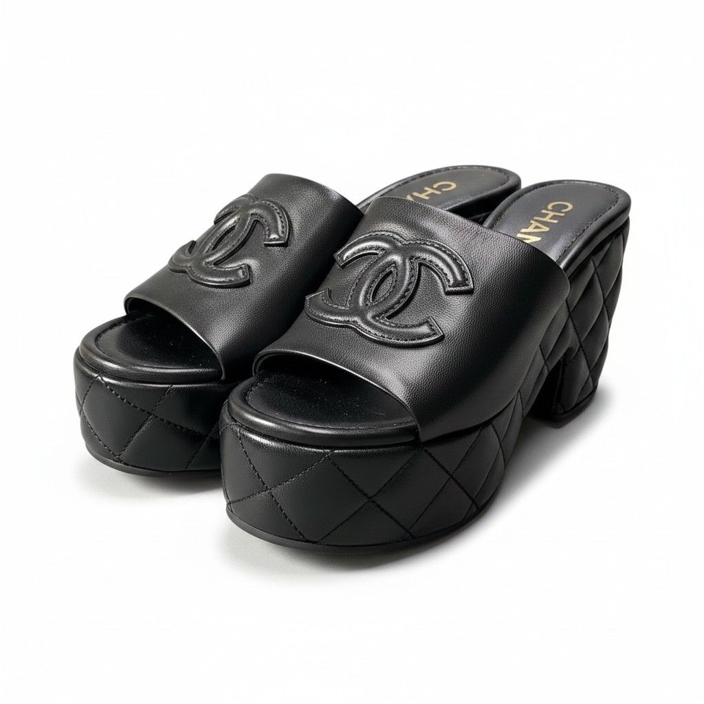 Chanel Medietta Platfo Sandals 37 Black Leather
