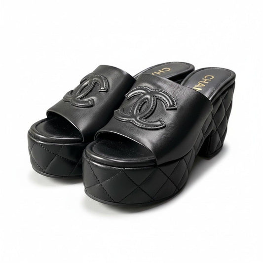 Chanel Medietta Platfo Sandals 37 Black Leather