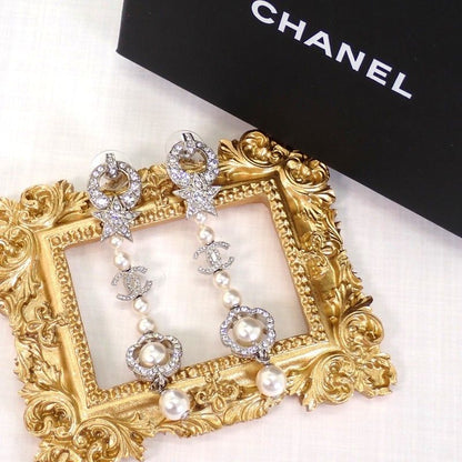 Chanel CC Logo Camellia Star Long Earrings Metal Faux Pearl Rhinestone Silver