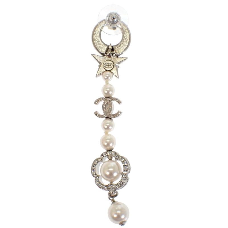 Chanel CC Logo Camellia Star Long Earrings Metal Faux Pearl Rhinestone Silver — view 5