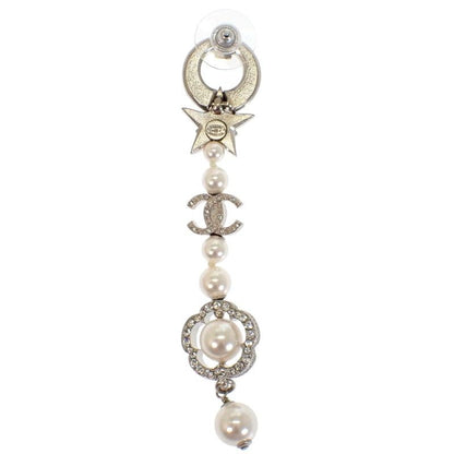 Chanel CC Logo Camellia Star Long Earrings Metal Faux Pearl Rhinestone Silver — view 5