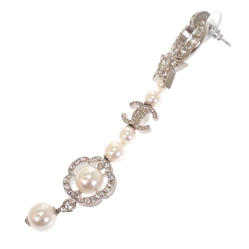 Chanel CC Logo Camellia Star Long Earrings Metal Faux Pearl Rhinestone Silver — view 4
