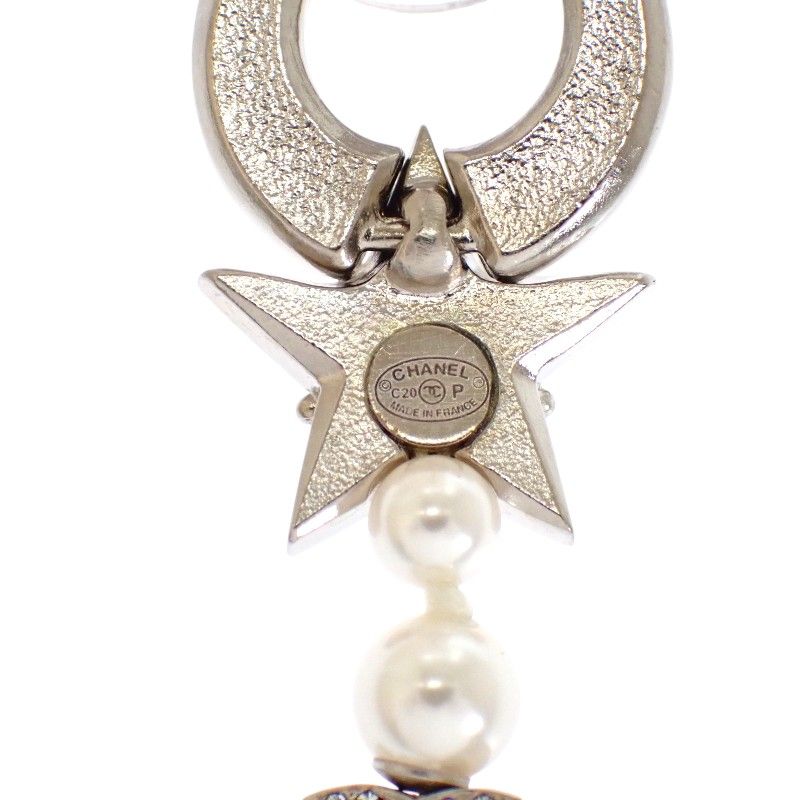 Chanel CC Logo Camellia Star Long Earrings Metal Faux Pearl Rhinestone Silver — view 6
