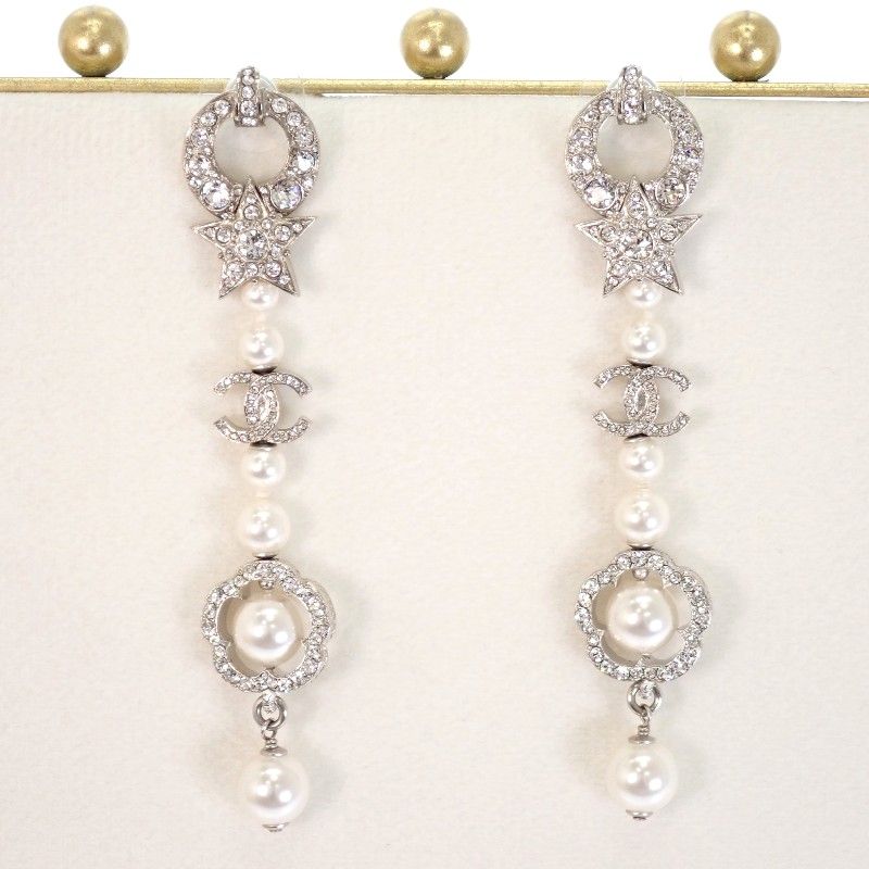 Chanel CC Logo Camellia Star Long Earrings Metal Faux Pearl Rhinestone Silver — view 2