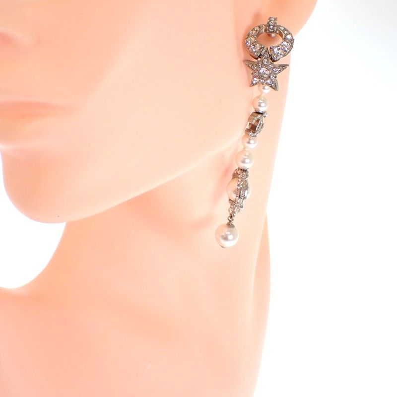 Chanel CC Logo Camellia Star Long Earrings Metal Faux Pearl Rhinestone Silver — view 9