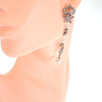 Chanel CC Logo Camellia Star Long Earrings Metal Faux Pearl Rhinestone Silver — view 9