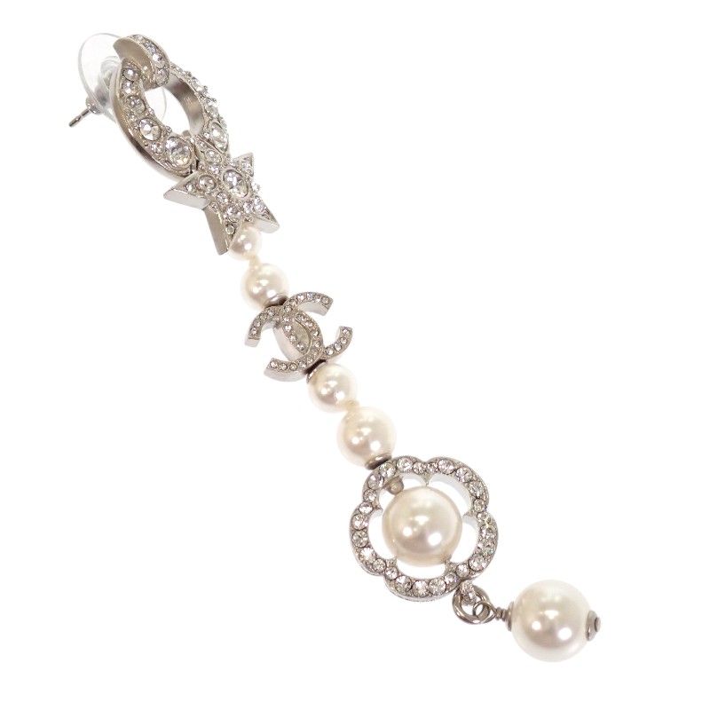 Chanel CC Logo Camellia Star Long Earrings Metal Faux Pearl Rhinestone Silver — view 3
