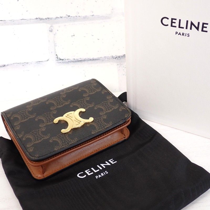 Celine Triomphe Compact Wallet Bifold Canvas Tan Brown