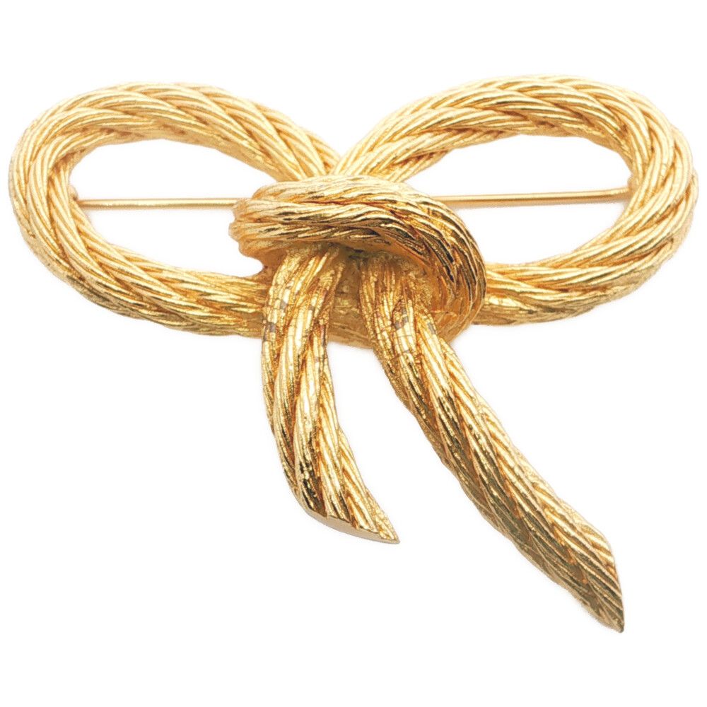 Dior Ribbon Motif Brooch Pintuck Alloy Gold