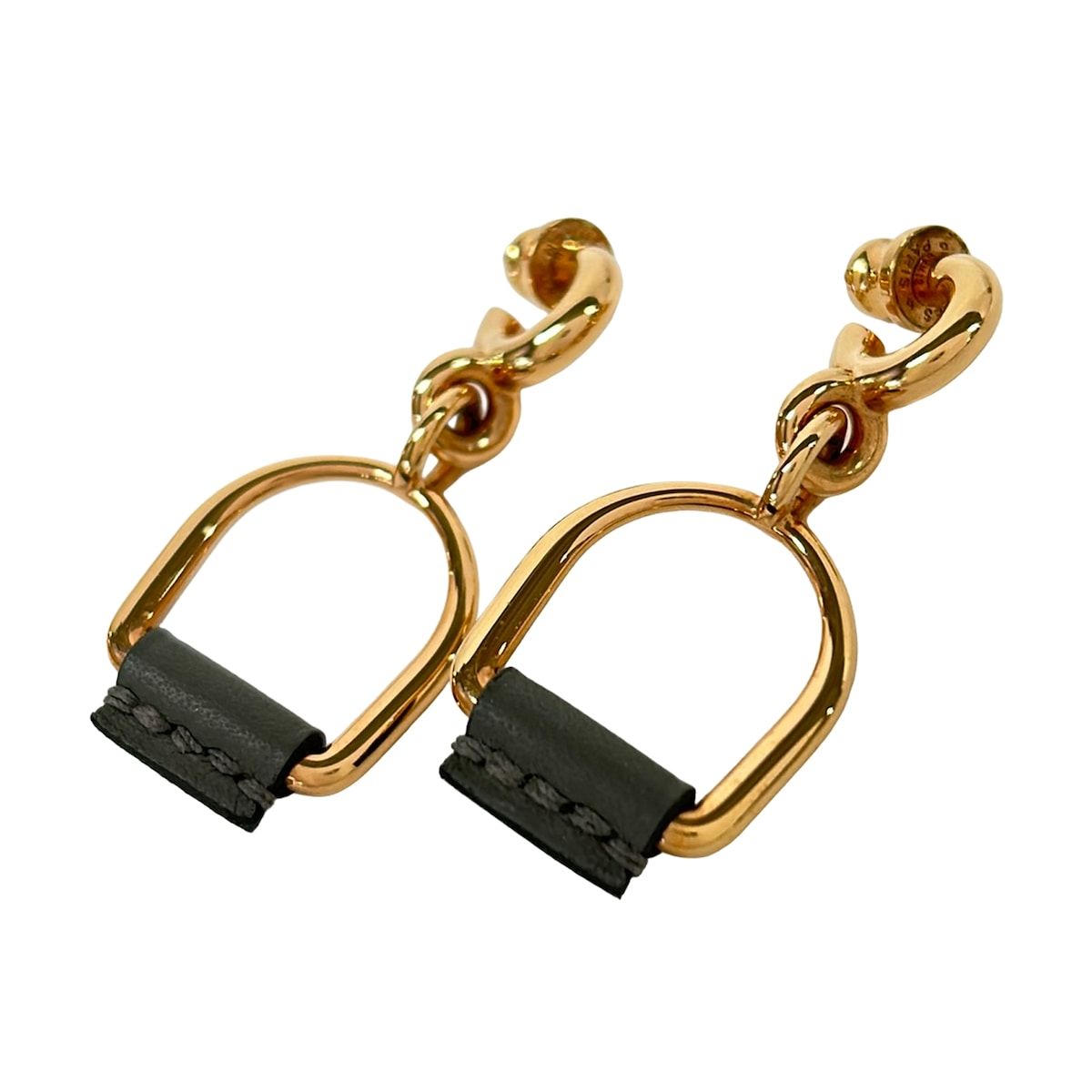 Hermes Earrings Eritage Equestre Etrier PM Leather Pink Gold Dark Gray