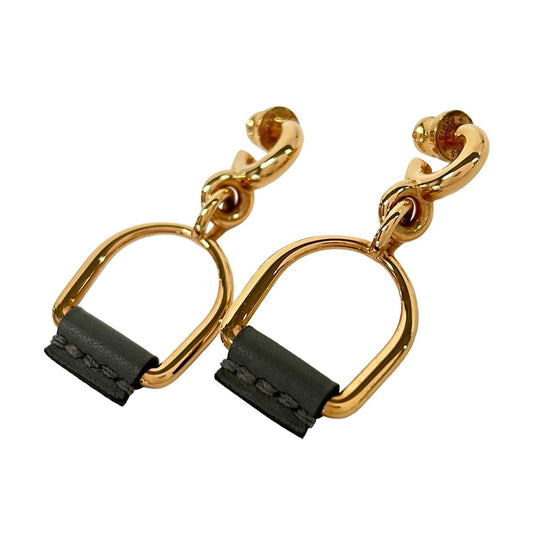Hermes Earrings Eritage Equestre Etrier PM Leather Pink Gold Dark Gray