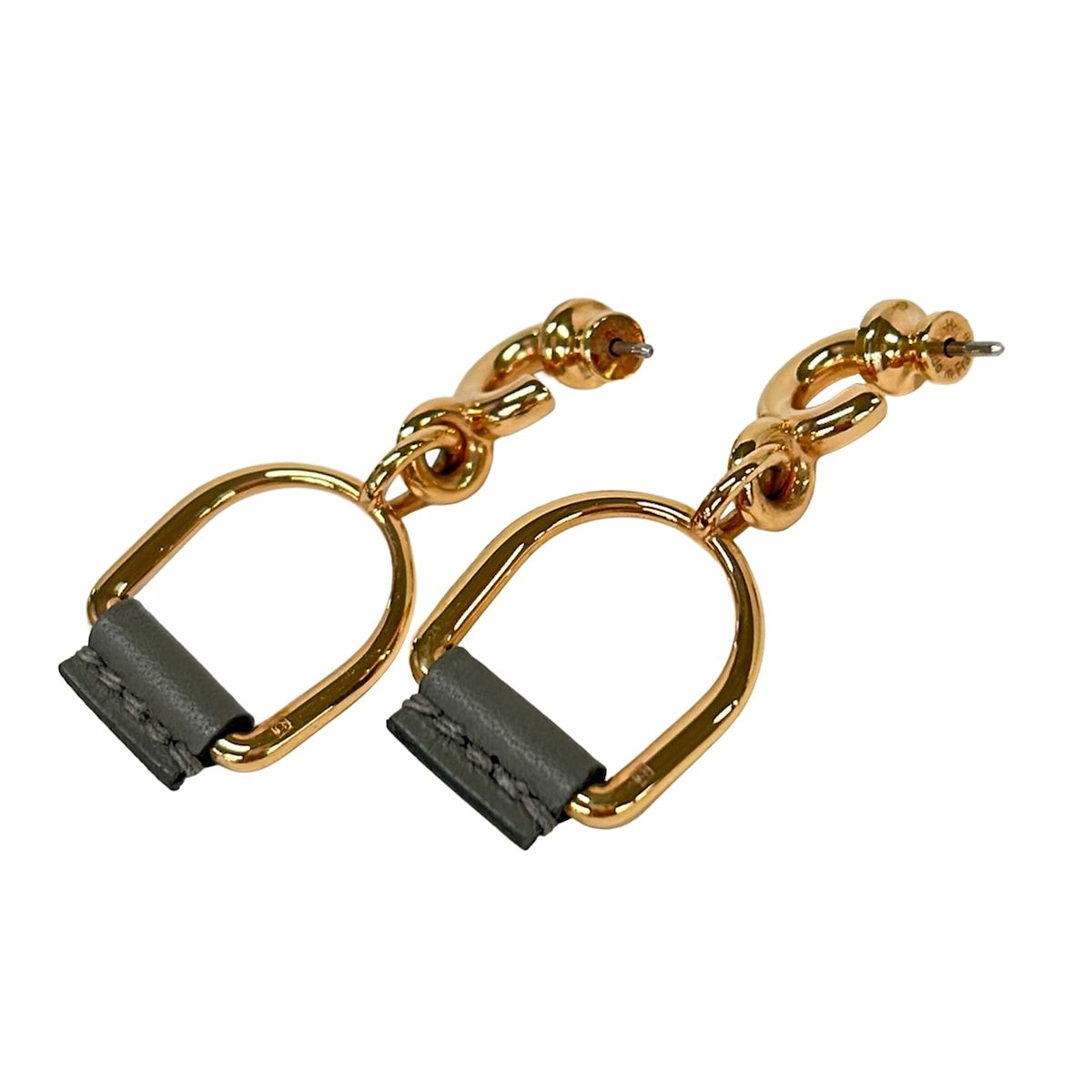 Hermes Earrings Eritage Equestre Etrier PM Leather Pink Gold Dark Gray — view 2