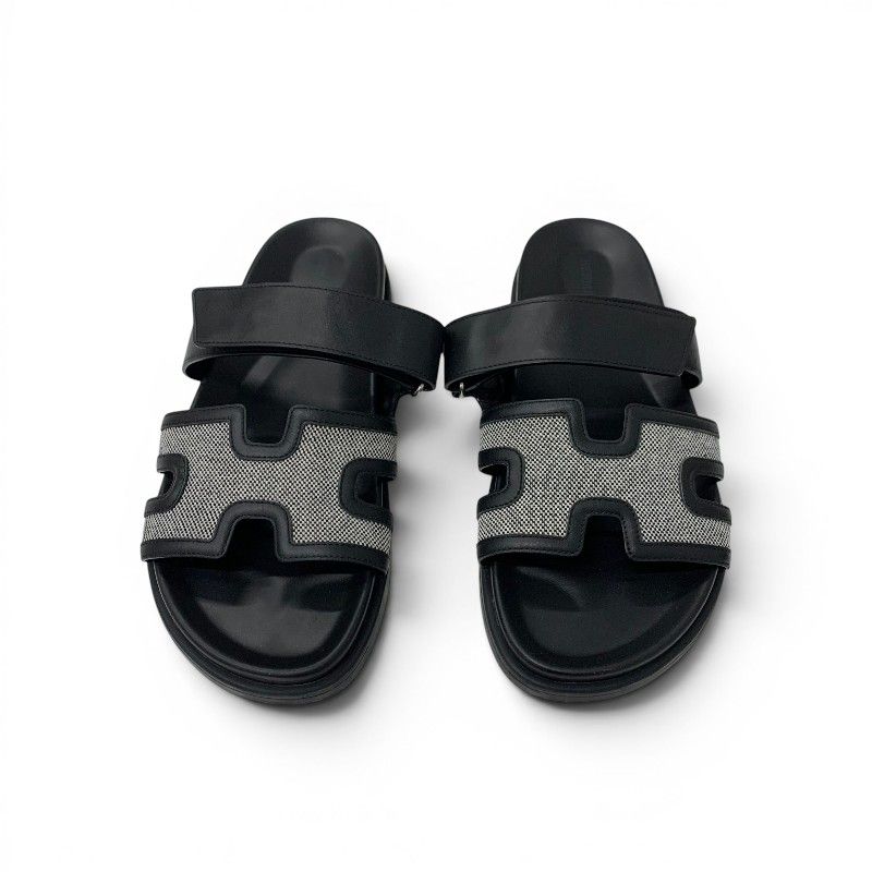 Hermes Chypre Sandals Shoes Leather Fabric Black Gray Velcro Strap Flat — view 2