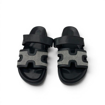 Hermes Chypre Sandals Shoes Leather Fabric Black Gray Velcro Strap Flat — view 2