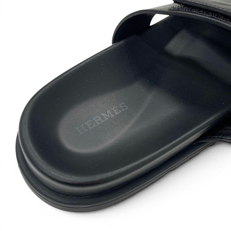 Hermes Chypre Sandals Shoes Leather Fabric Black Gray Velcro Strap Flat — view 7