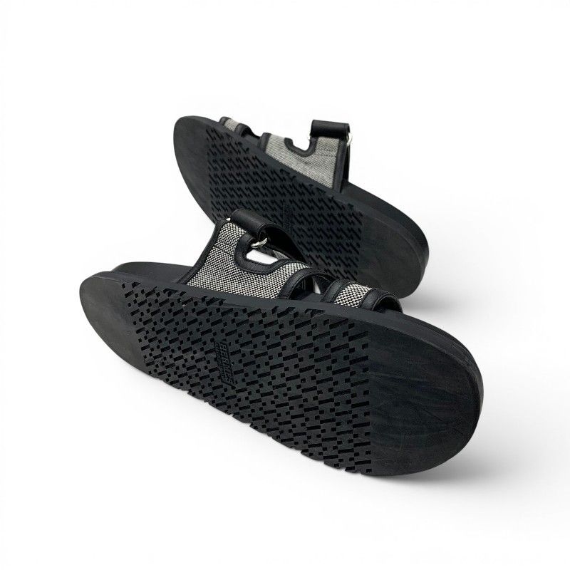 Hermes Chypre Sandals Shoes Leather Fabric Black Gray Velcro Strap Flat — view 6