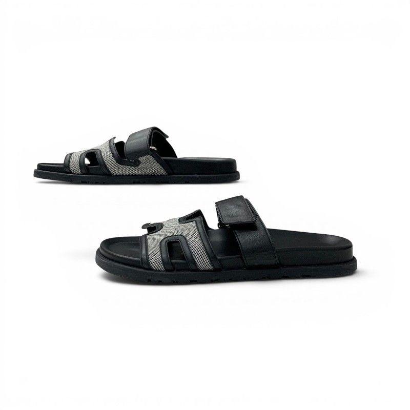 Hermes Chypre Sandals Shoes Leather Fabric Black Gray Velcro Strap Flat — view 3