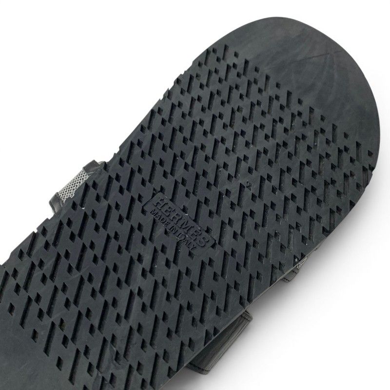 Hermes Chypre Sandals Shoes Leather Fabric Black Gray Velcro Strap Flat — view 8