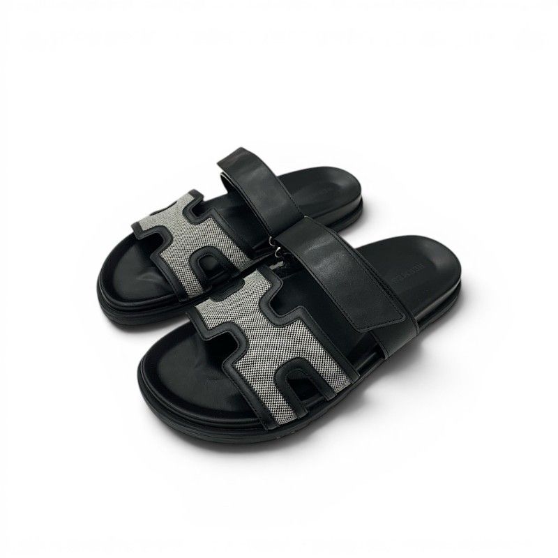 Hermes Chypre Sandals Shoes Leather Fabric Black Gray Velcro Strap Flat