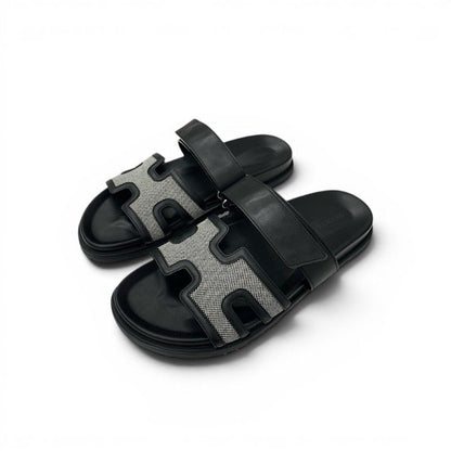 Hermes Chypre Sandals Shoes Leather Fabric Black Gray Velcro Strap Flat
