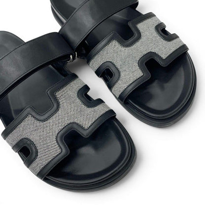 Hermes Chypre Sandals Shoes Leather Fabric Black Gray Velcro Strap Flat — view 9