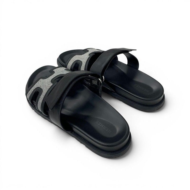 Hermes Chypre Sandals Shoes Leather Fabric Black Gray Velcro Strap Flat — view 4