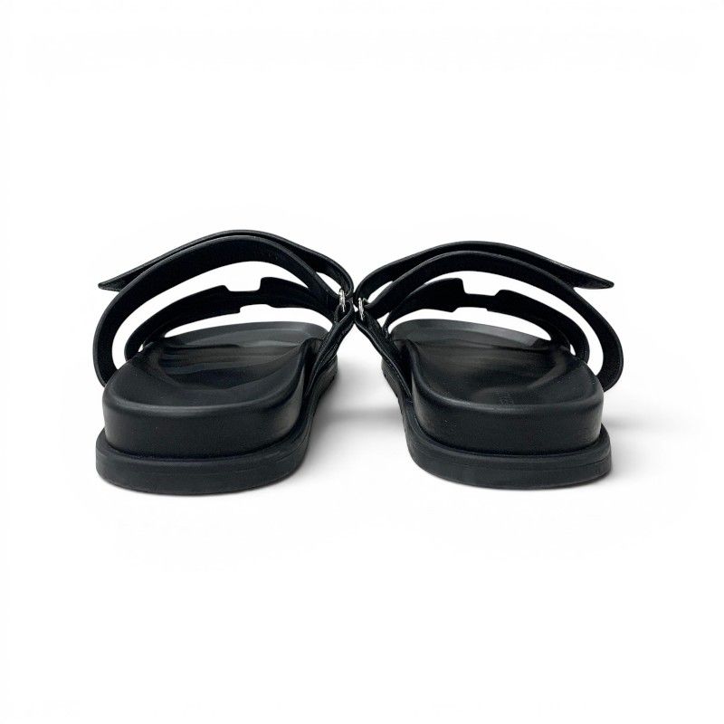 Hermes Chypre Sandals Shoes Leather Fabric Black Gray Velcro Strap Flat — view 5