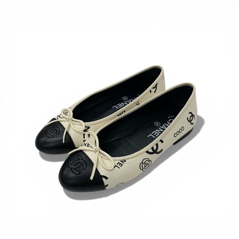 Chanel Flat Shoes Lambskin White Black Ballerina CC Logo Camellia Ribbon Ballet