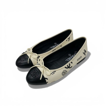 Chanel Flat Shoes Lambskin White Black Ballerina CC Logo Camellia Ribbon Ballet