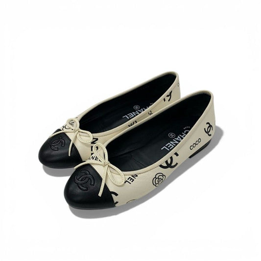 Chanel Flat Shoes Lambskin White Black Ballerina CC Logo Camellia Ribbon Ballet