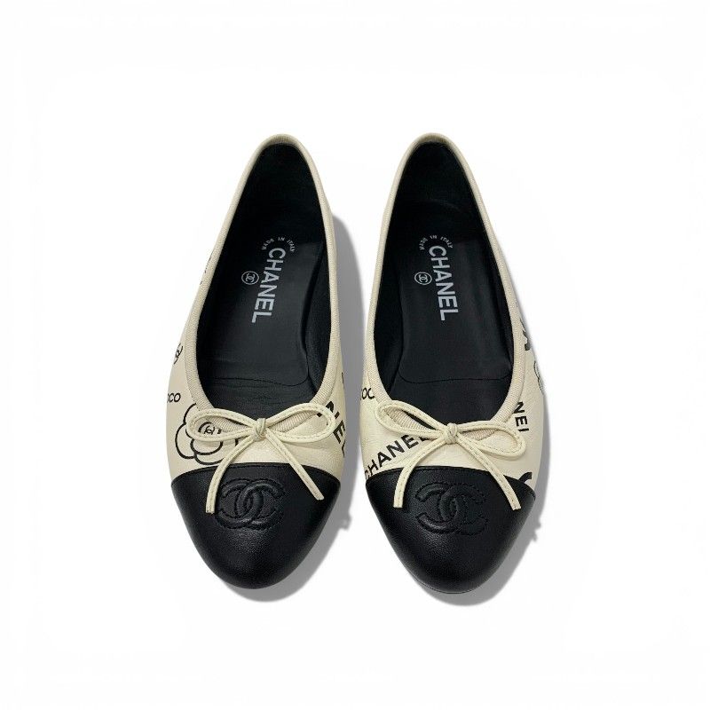 Chanel Flat Shoes Lambskin White Black Ballerina CC Logo Camellia Ribbon Ballet — view 2