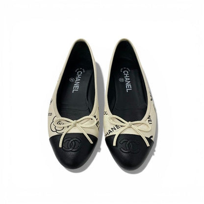 Chanel Flat Shoes Lambskin White Black Ballerina CC Logo Camellia Ribbon Ballet — view 2