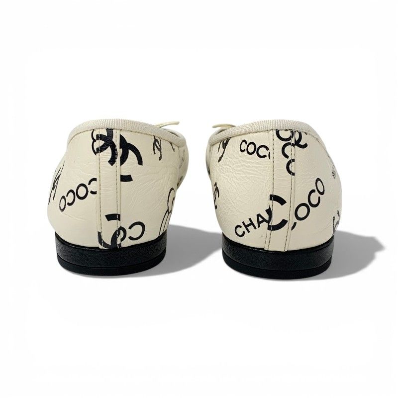 Chanel Flat Shoes Lambskin White Black Ballerina CC Logo Camellia Ribbon Ballet — view 5