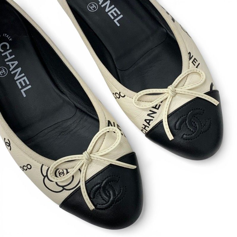 Chanel Flat Shoes Lambskin White Black Ballerina CC Logo Camellia Ribbon Ballet — view 9