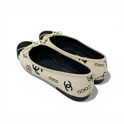 Chanel Flat Shoes Lambskin White Black Ballerina CC Logo Camellia Ribbon Ballet — view 4