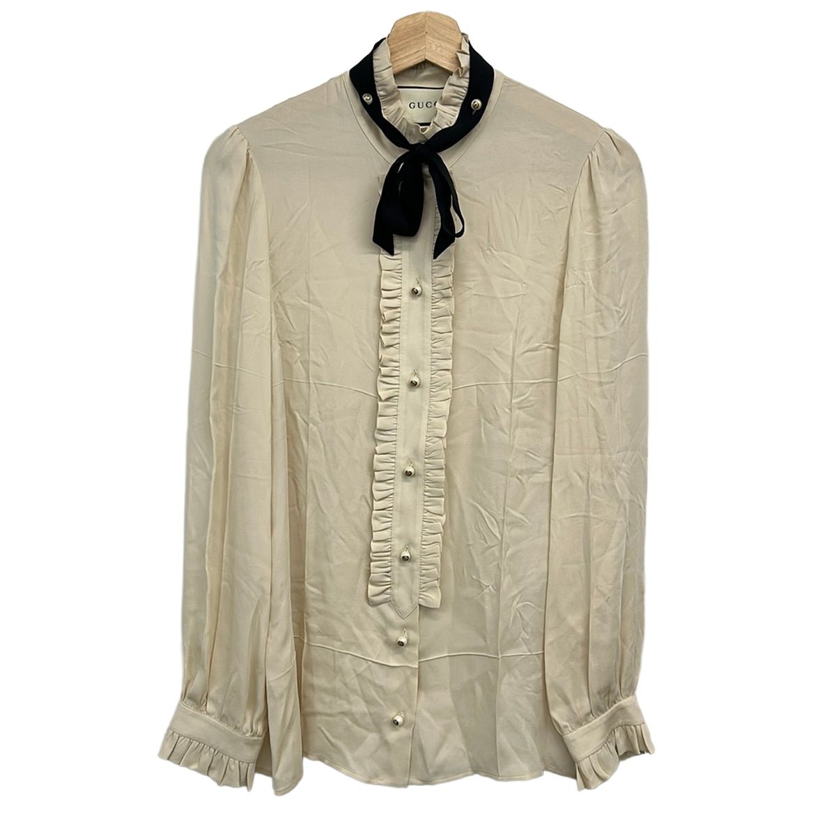 Gucci Long Sleeve Shirt Blouse 42 Ivory Black Ruffle Pearl