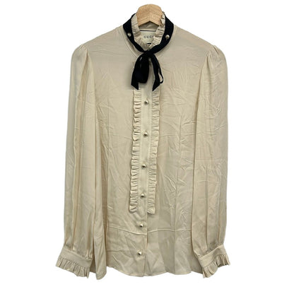 Gucci Long Sleeve Shirt Blouse 42 Ivory Black Ruffle Pearl