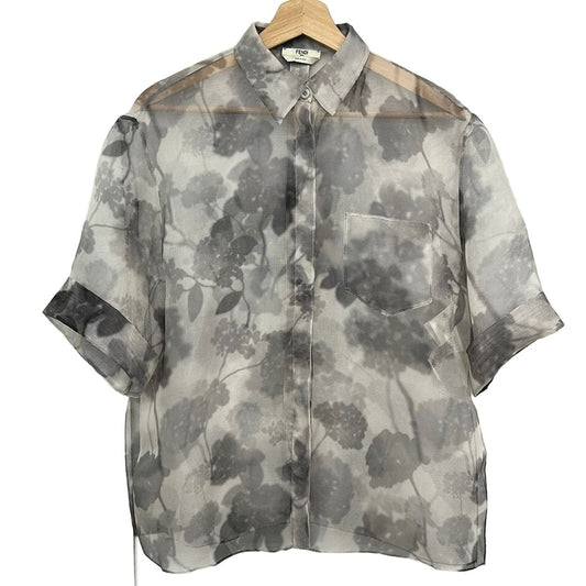 Fendi Short Sleeve Shirt Blouse IT 38 Ivory Gray Black Mesh Floral Pattern