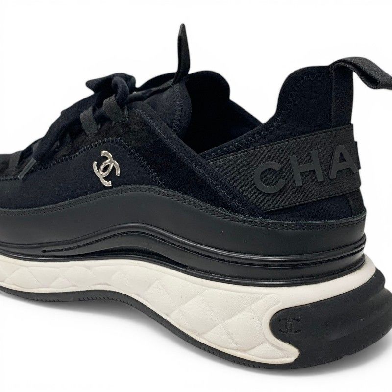 Chanel Sneakers Shoes Leather Fabric Suede Black Silver CC Logo Quilted — view 9