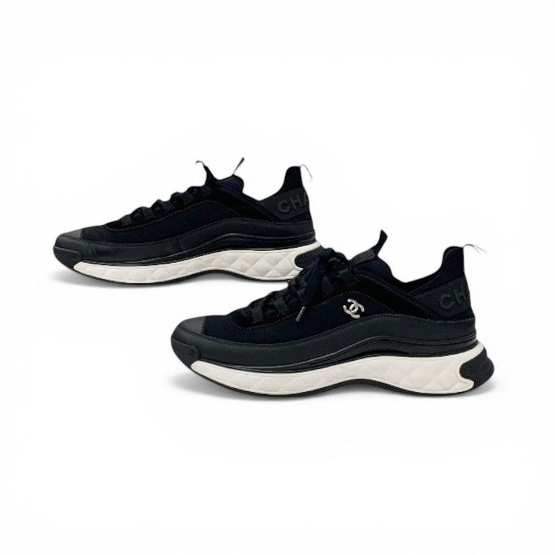 Chanel Sneakers Shoes Leather Fabric Suede Black Silver CC Logo Quilted — view 3