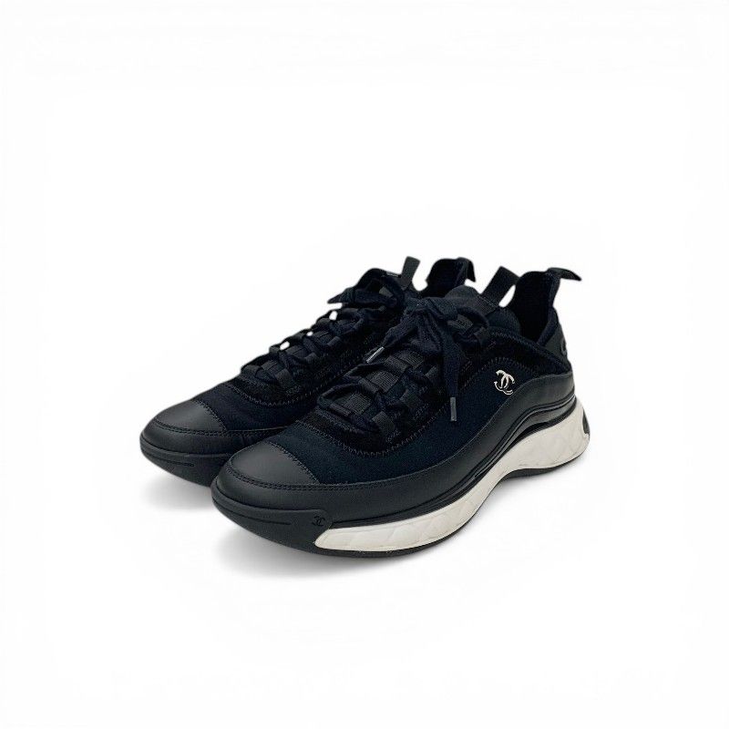 Chanel Sneakers Shoes Leather Fabric Suede Black Silver CC Logo Quilted