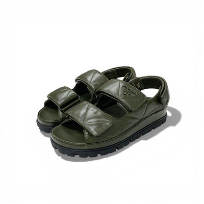 Prada Sandals Shoes Leather Khaki Logo Padded Nappa Velcro
