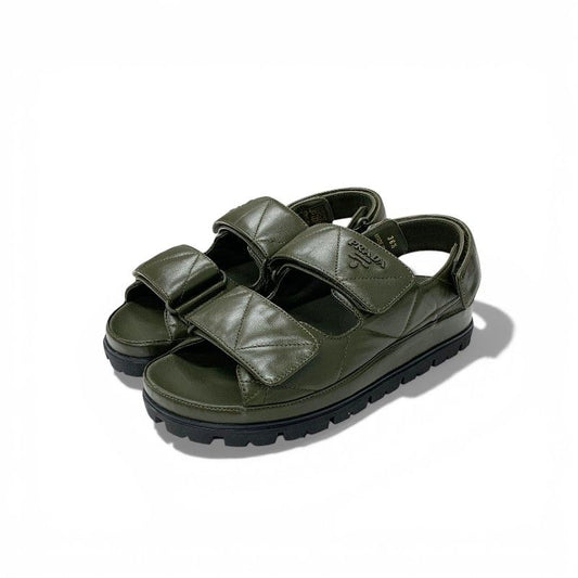 Prada Sandals Shoes Leather Khaki Logo Padded Nappa Velcro