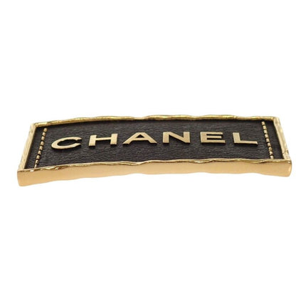 Chanel Logo Plate Brooch Metal Leather Gold Black Square — view 7