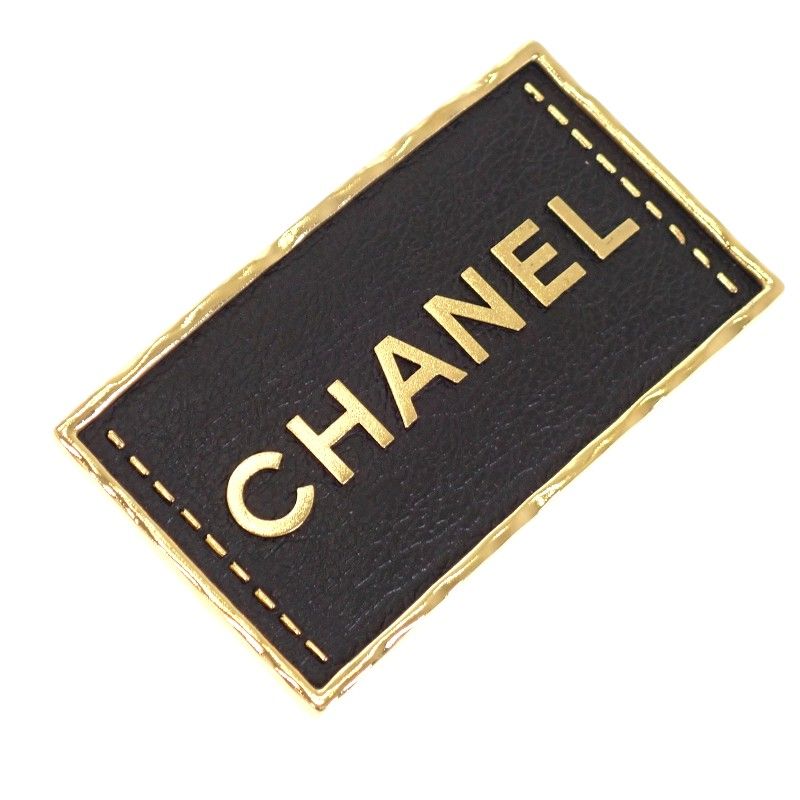 Chanel Logo Plate Brooch Metal Leather Gold Black Square — view 4