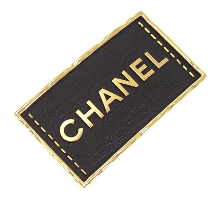 Chanel Logo Plate Brooch Metal Leather Gold Black Square — view 4