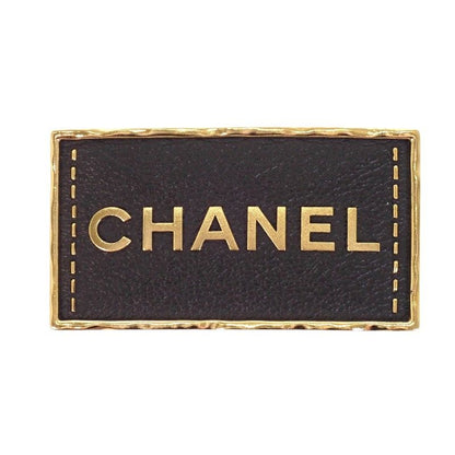 Chanel Logo Plate Brooch Metal Leather Gold Black Square — view 2