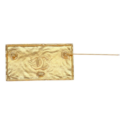 Chanel Logo Plate Brooch Metal Leather Gold Black Square — view 9